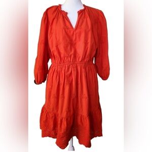 KNOX ROSE Red Orange 3/4 Sleeve Eyelet Detail Midi Dress